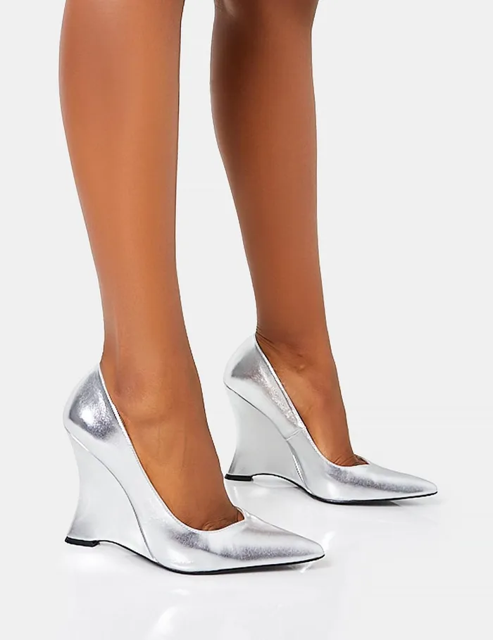 Women Betty Silver Mirror Metallic Pu Pointed Toe Inverted Wedge Court Heels Silver Public Desire Party Women Betty Silver Mirror Metallic Pu Pointed Toe Inverted Wedge Court Heels Silver Public Desire Party