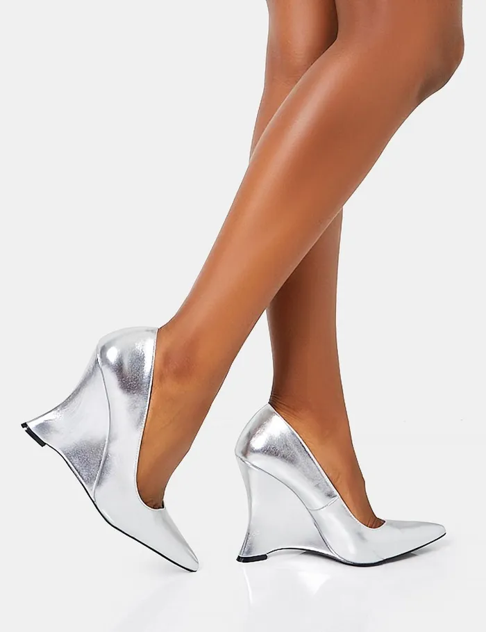 Women Betty Silver Mirror Metallic Pu Pointed Toe Inverted Wedge Court Heels Silver Public Desire Party Women Betty Silver Mirror Metallic Pu Pointed Toe Inverted Wedge Court Heels Silver Public Desire Party