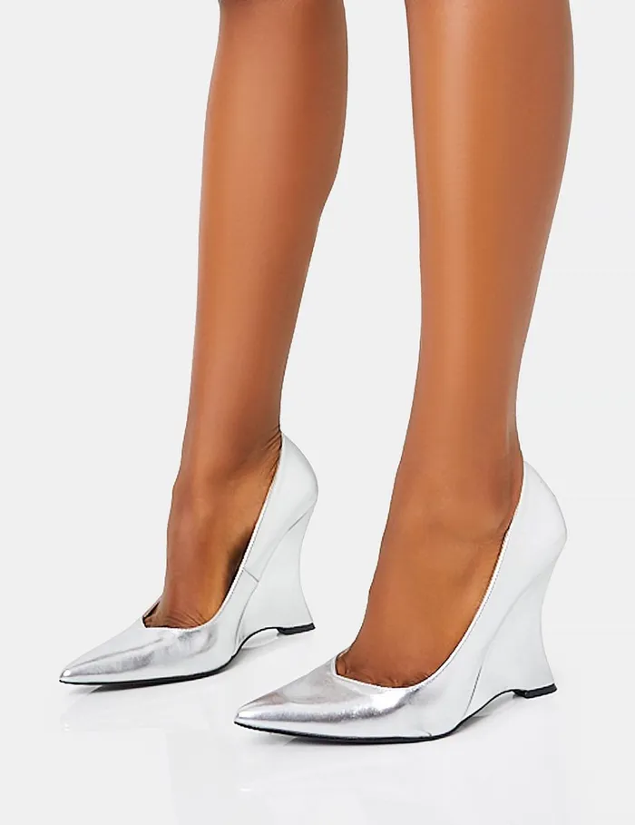 Women Betty Silver Mirror Metallic Pu Pointed Toe Inverted Wedge Court Heels Silver Public Desire Party Women Betty Silver Mirror Metallic Pu Pointed Toe Inverted Wedge Court Heels Silver Public Desire Party