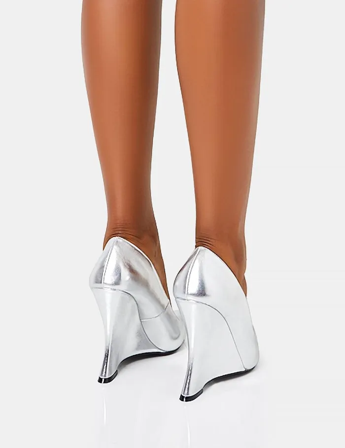 Women Betty Silver Mirror Metallic Pu Pointed Toe Inverted Wedge Court Heels Silver Public Desire Party Women Betty Silver Mirror Metallic Pu Pointed Toe Inverted Wedge Court Heels Silver Public Desire Party
