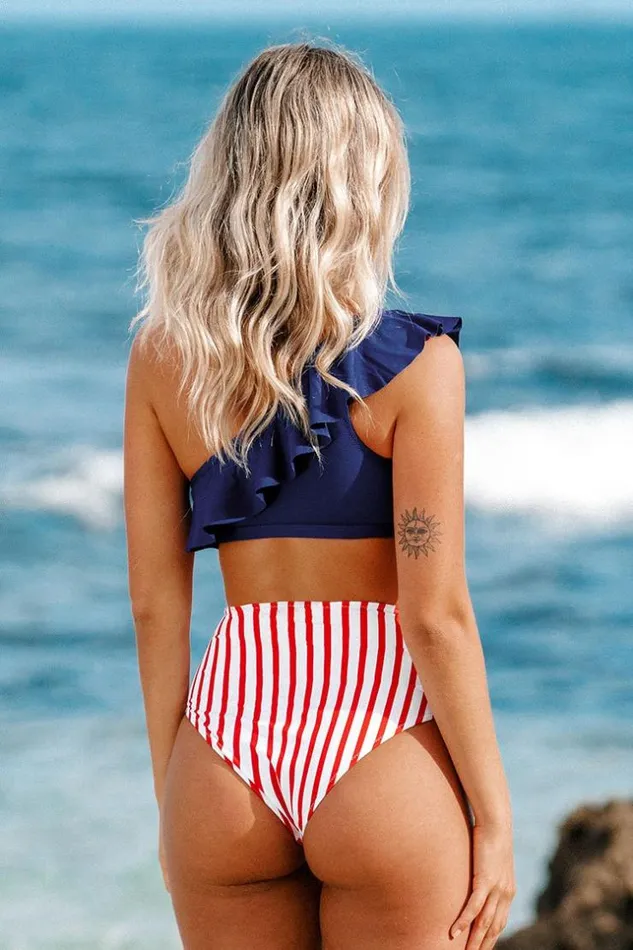 Women Bikini Sets Cupshe One Shoulder Ruffle Striped Bikini Multicolor