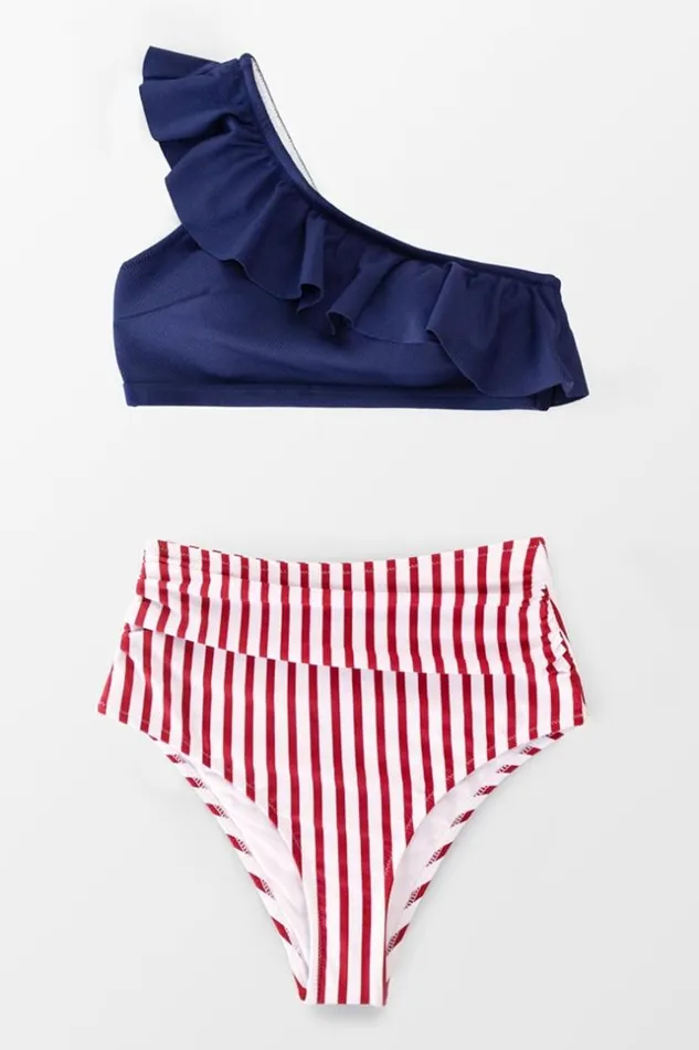 Women Bikini Sets Cupshe One Shoulder Ruffle Striped Bikini Multicolor