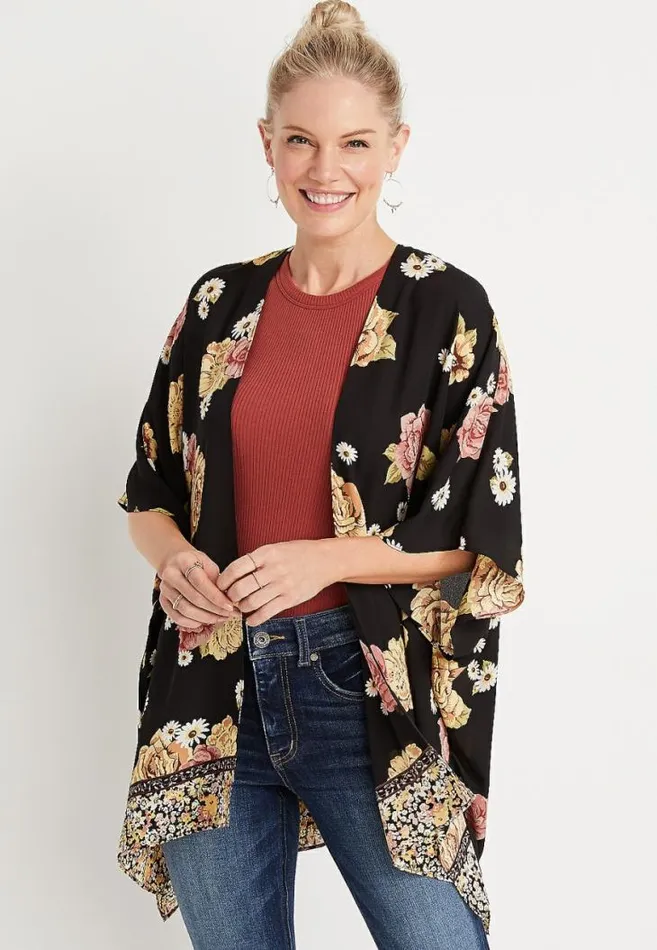 Women Black Floral Ruana Maurices Tops