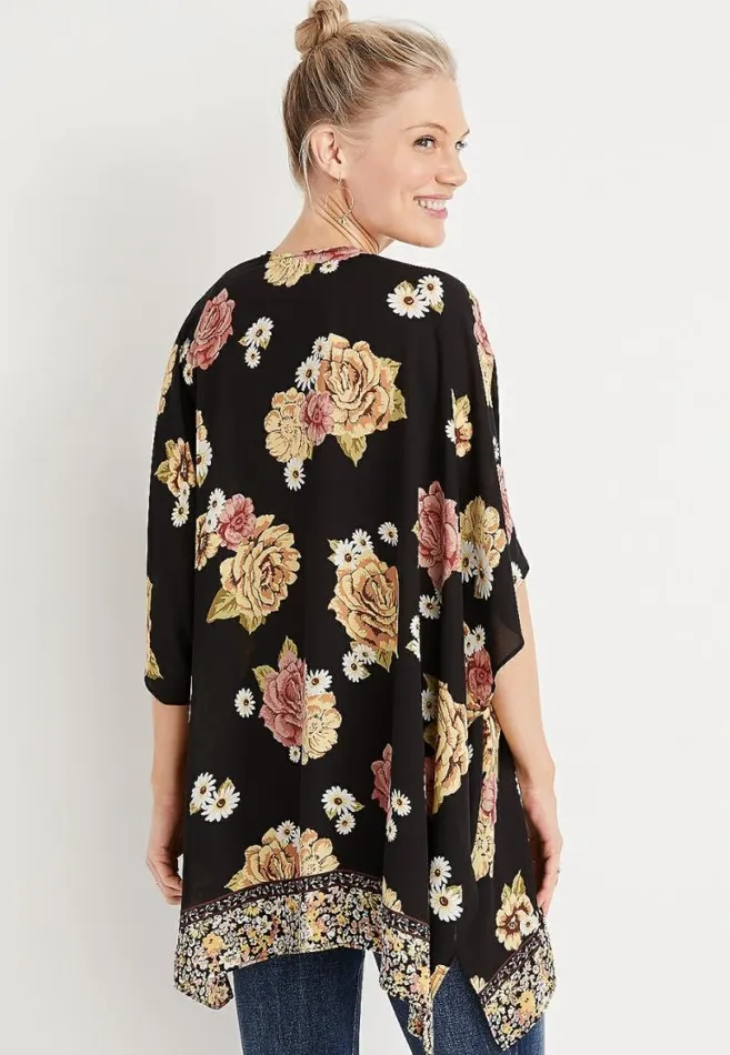 Women Black Floral Ruana Maurices Tops