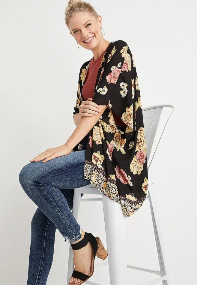 Women Black Floral Ruana Maurices Tops