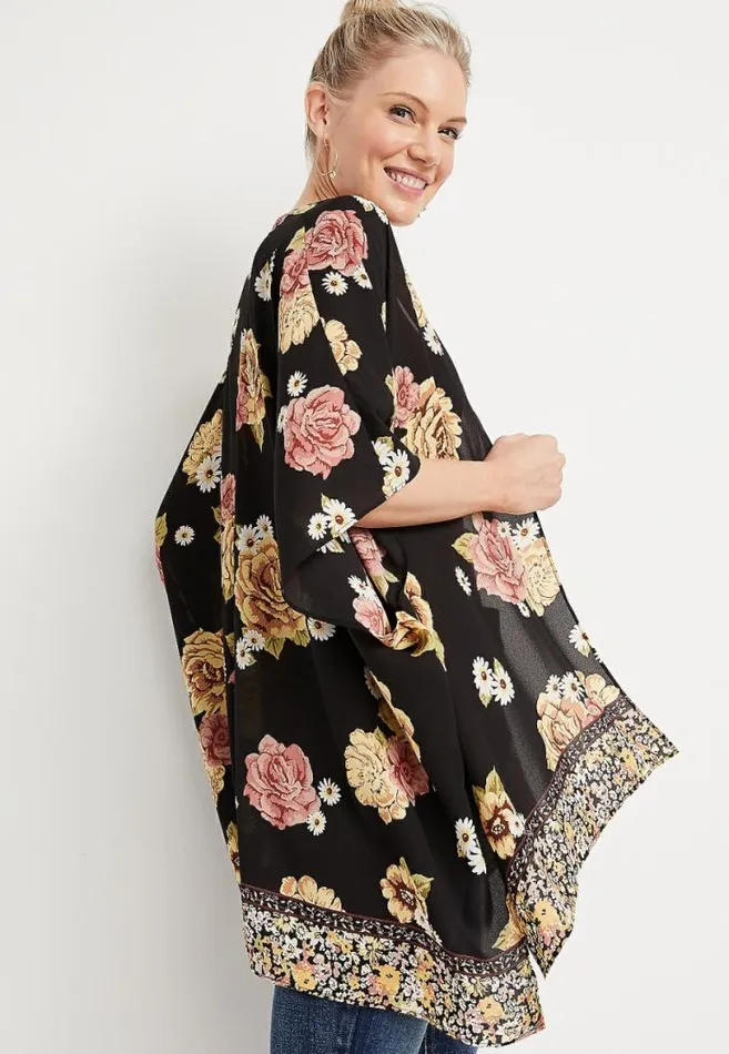 Women Black Floral Ruana Maurices Tops