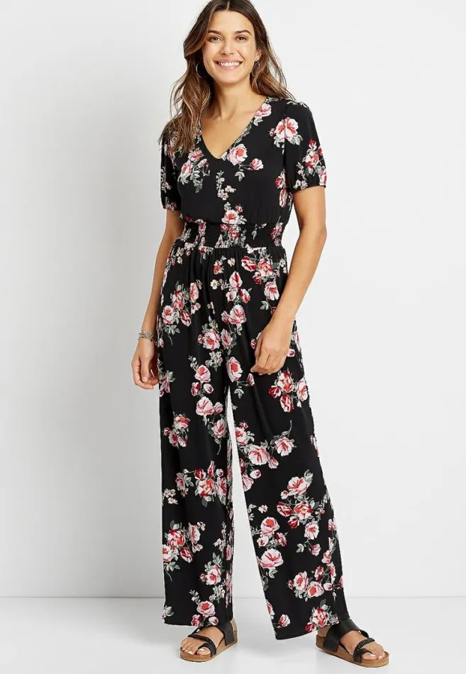 Women Black Floral Smocked Waist V Neck Jumpsuit Maurices Dresses and Jumpsuits Women Black Floral Smocked Waist V Neck Jumpsuit Maurices Dresses and Jumpsuits