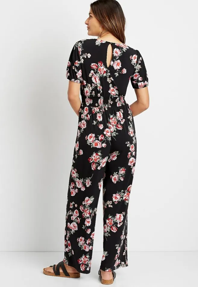 Women Black Floral Smocked Waist V Neck Jumpsuit Maurices Dresses and Jumpsuits