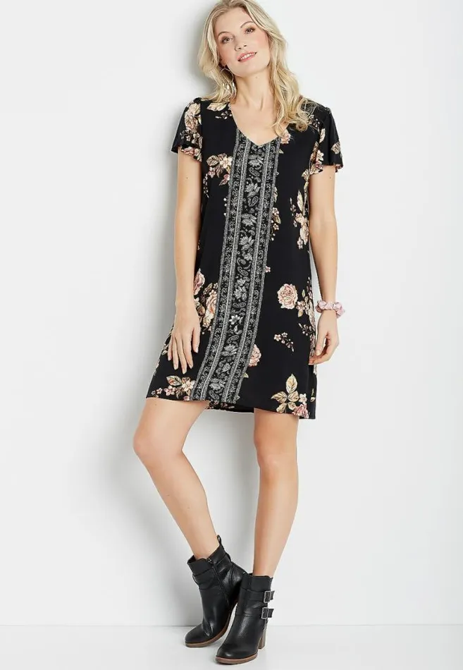 Women Black Mix Floral Flutter Sleeve Mini Shift Dress Maurices Dresses and Jumpsuits