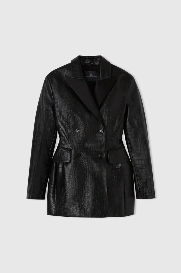 Women Blazers Ermanno Scervino Crocodileprint Lambskin Doublebreasted Sculpture Jacket Black