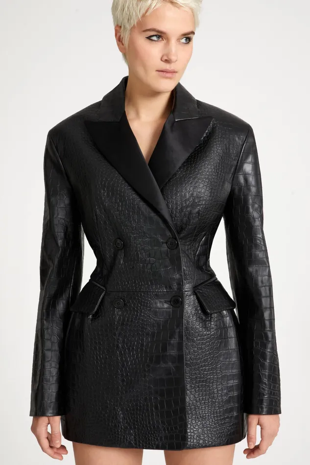 Women Blazers Ermanno Scervino Crocodileprint Lambskin Doublebreasted Sculpture Jacket Black