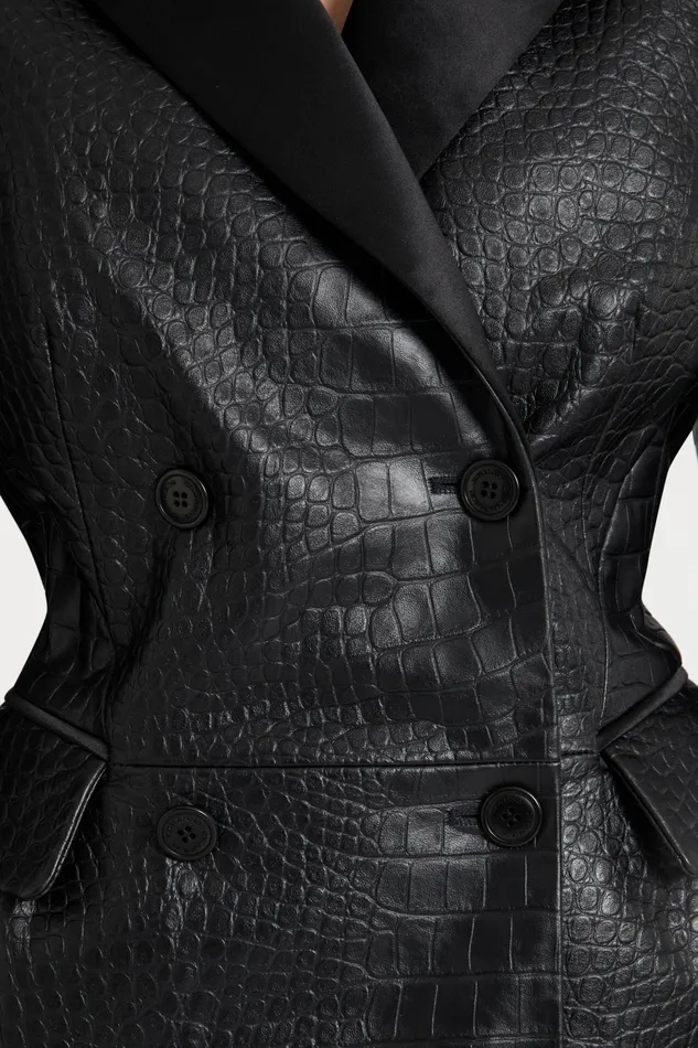 Women Blazers Ermanno Scervino Crocodileprint Lambskin Doublebreasted Sculpture Jacket Black