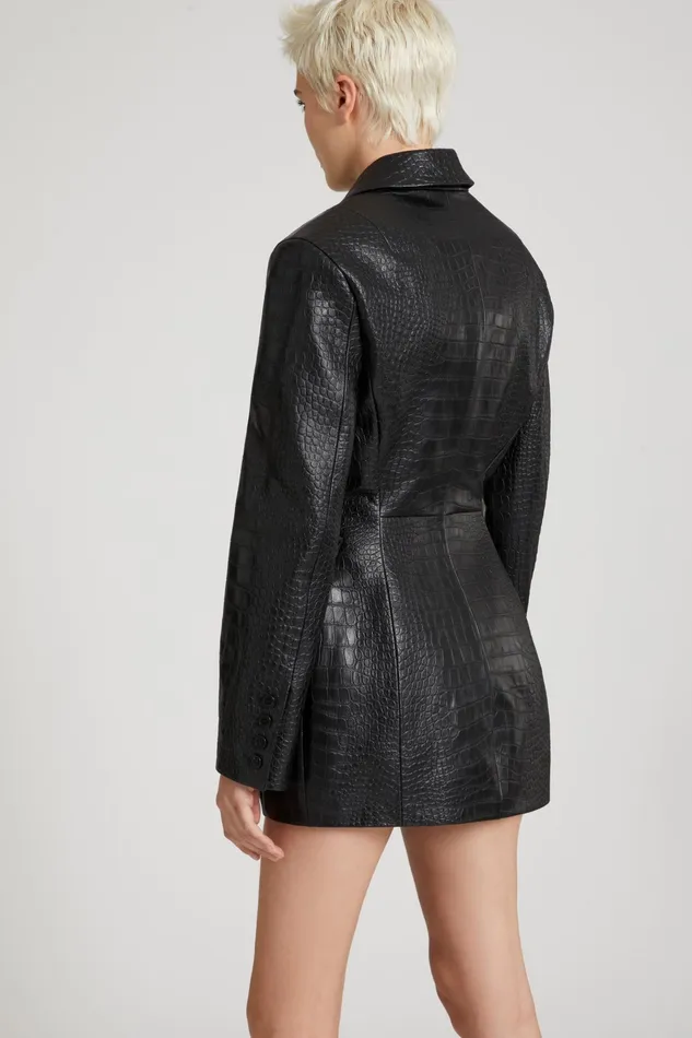 Women Blazers Ermanno Scervino Crocodileprint Lambskin Doublebreasted Sculpture Jacket Black