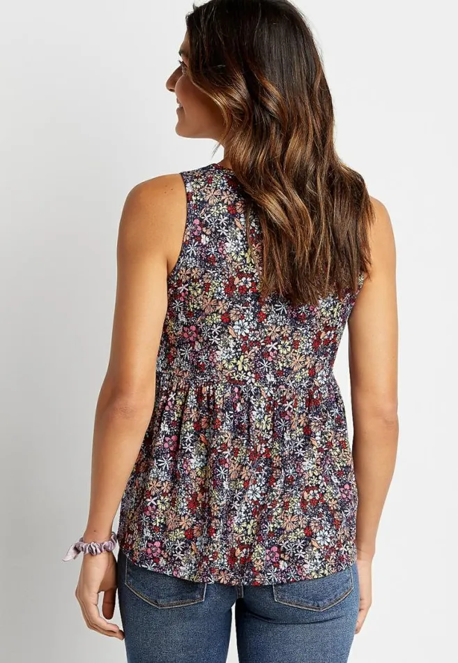 Women Blue Floral Lace Up Babydoll Tank Top Maurices Tops