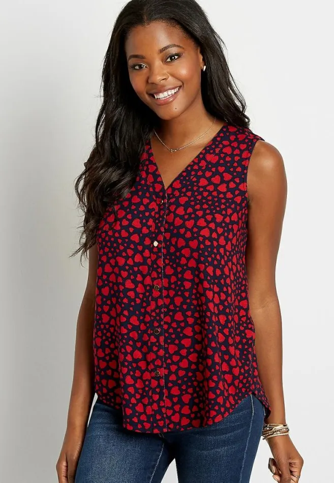 Women Blue Heart Print Button Down Tank Top Maurices Tops