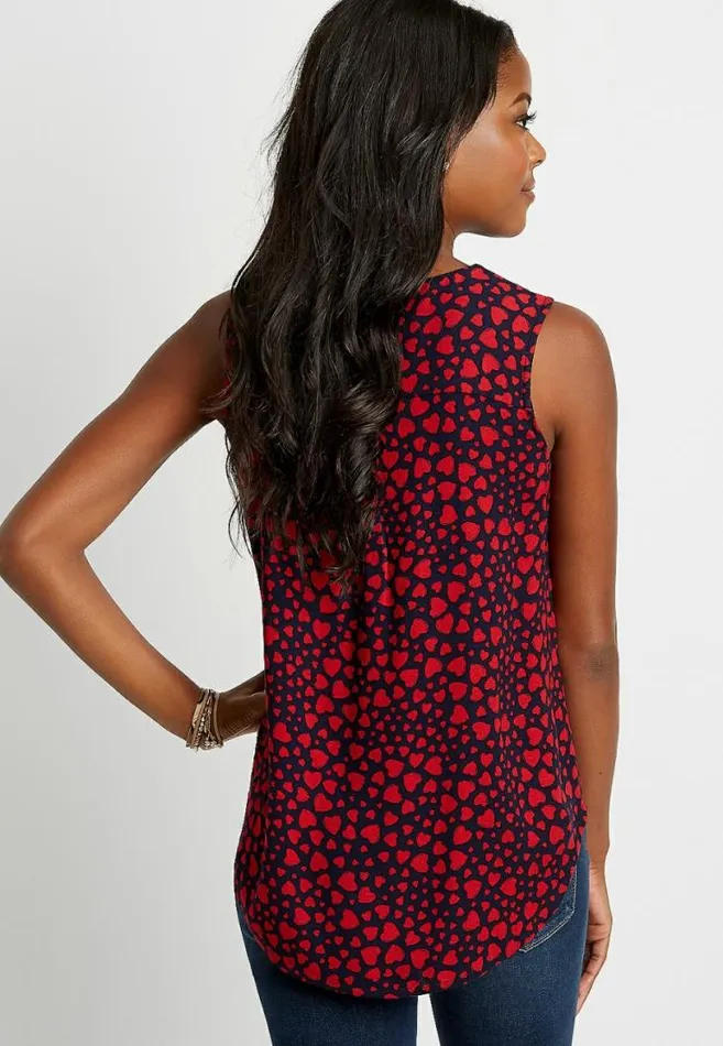 Women Blue Heart Print Button Down Tank Top Maurices Tops