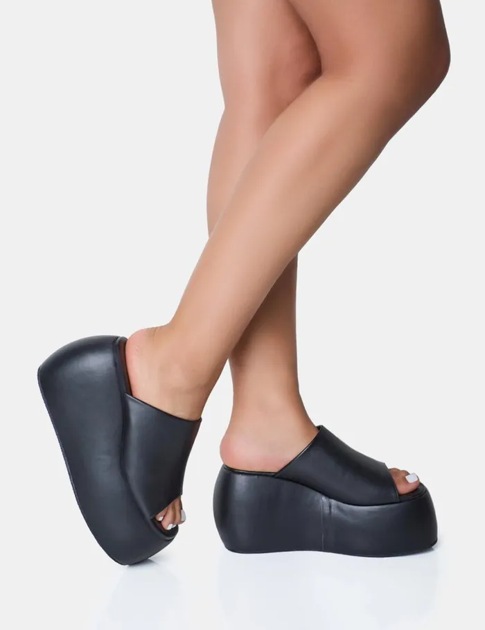 Women Blue Moon Black Chunky Platform Wedge Sandals Black Public Desire Platform Heels