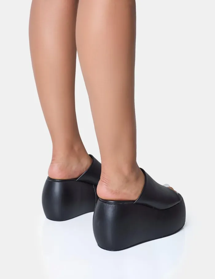 Women Blue Moon Black Chunky Platform Wedge Sandals Black Public Desire Platform Heels
