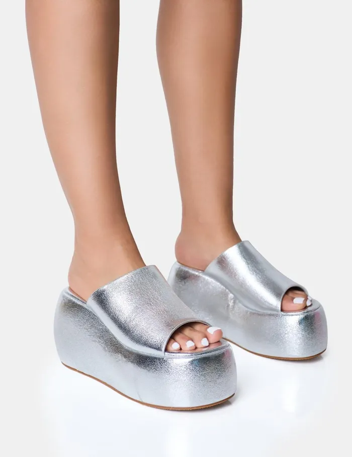 Women Blue Moon Silver Chunky Wedge Sandals Silver Public Desire Party