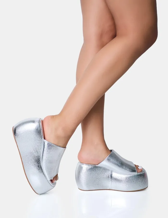 Women Blue Moon Silver Chunky Wedge Sandals Silver Public Desire Party