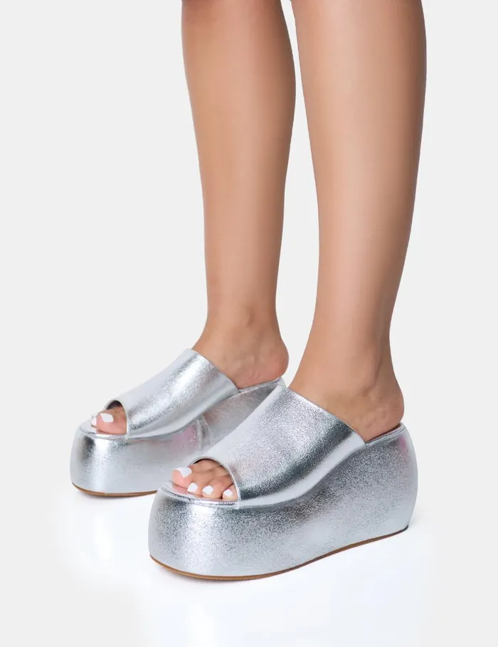 Women Blue Moon Silver Chunky Wedge Sandals Silver Public Desire Party