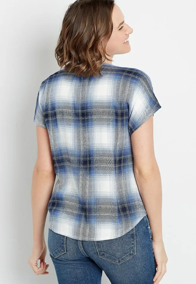 Women Blue Plaid Short Sleeve Button Down Shirt Maurices Tops
