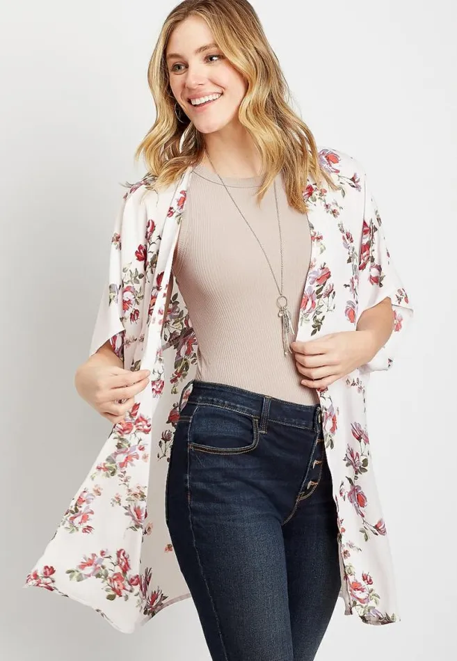 Women Blush Floral Shirred Back Kimono Maurices Tops