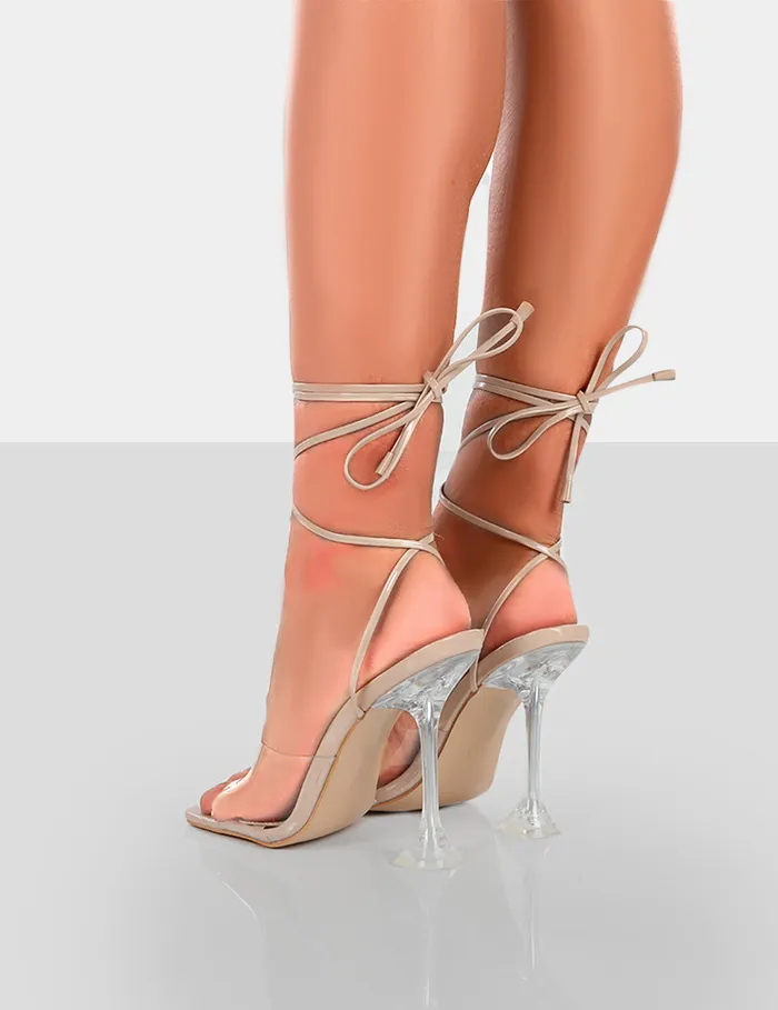 Women Bly Nude Patent Perspex Cake Stand Lace Up Square Toe Heels Nude Public Desire Holiday