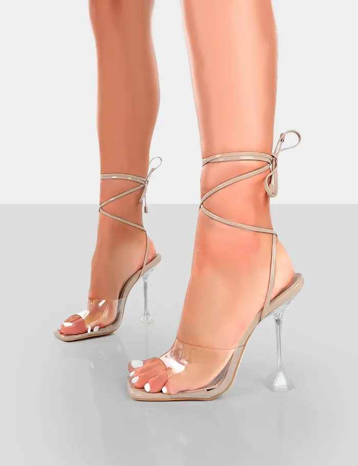 Women Bly Nude Patent Perspex Cake Stand Lace Up Square Toe Heels Nude Public Desire Holiday