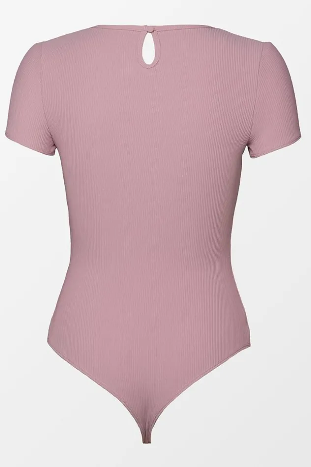 Women Bodysuits Cupshe Angelica Round Neck Short Sleeve Cheeky Bodysuit Dust Pink
