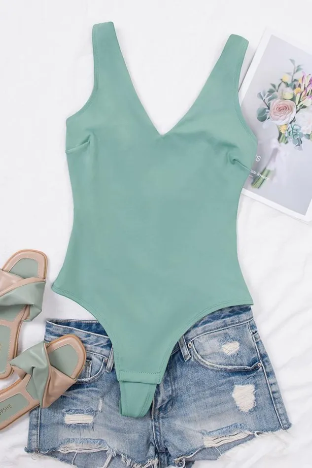 Women Bodysuits Cupshe Ariella Vneck Wide Strap Backless Bodysuit Green