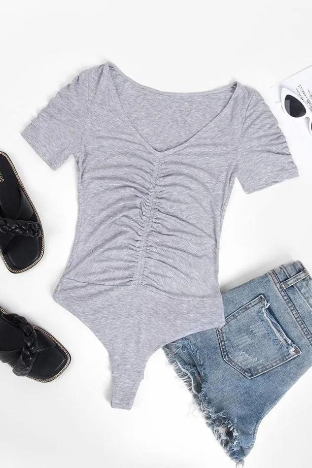 Women Bodysuits Cupshe Breanna Ruched Short Sleeve Bodysuit Gray