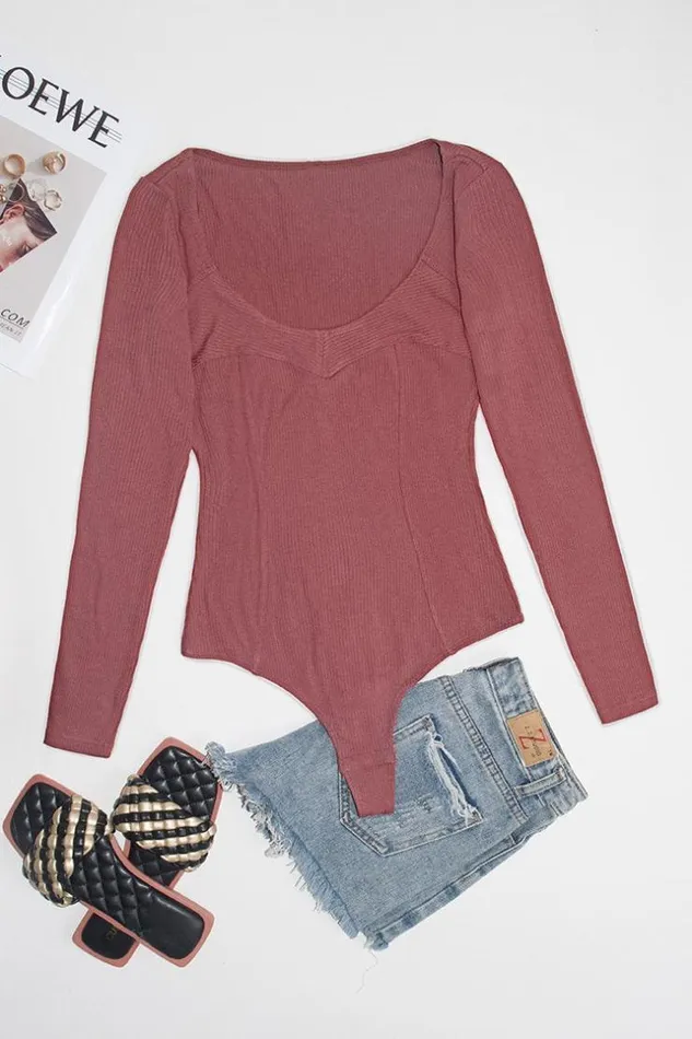 Women Bodysuits Cupshe Eloise Rib Long Sleeve Bodysuit Red