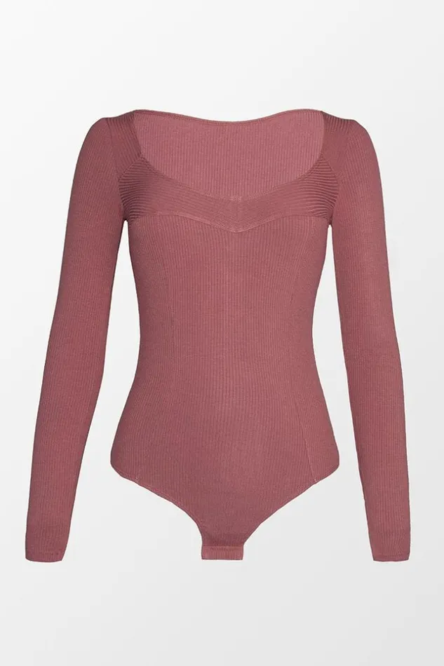 Women Bodysuits Cupshe Eloise Rib Long Sleeve Bodysuit Red