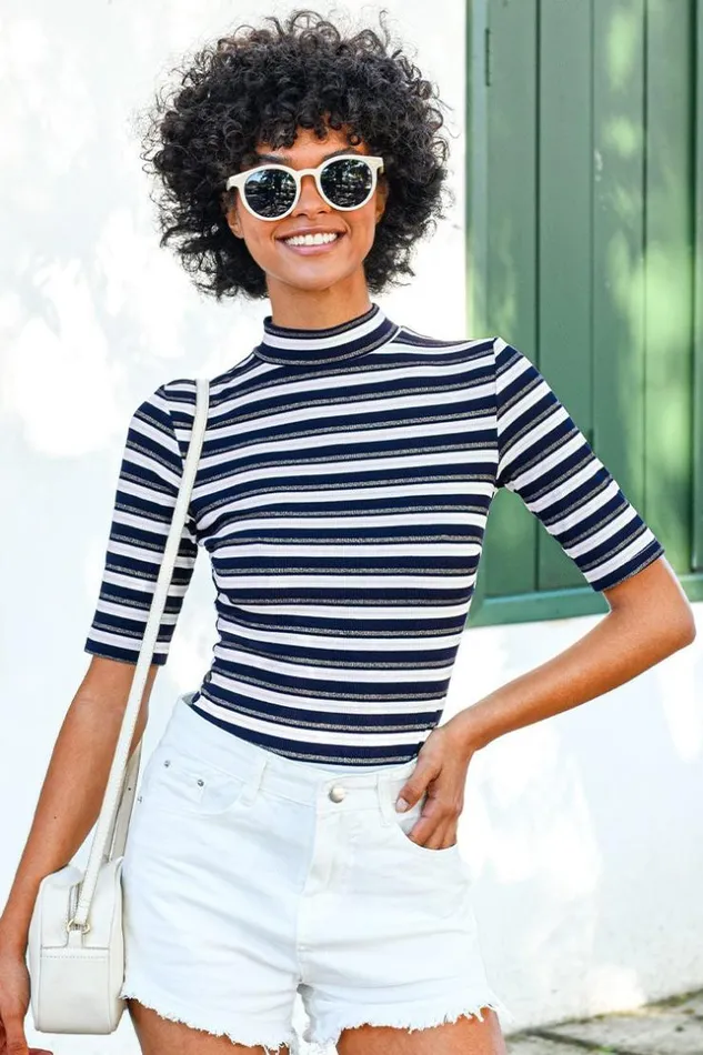 Women Bodysuits Cupshe Jazmyn Rib Striped High Neck Bodysuit Blackwhite