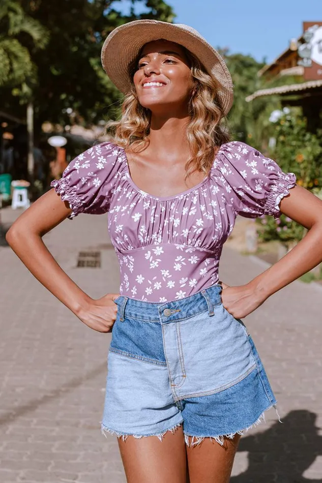 Women Bodysuits Cupshe Kataleya Ditsy Scoop Ruched Short Sleeve Bodysuit Purple