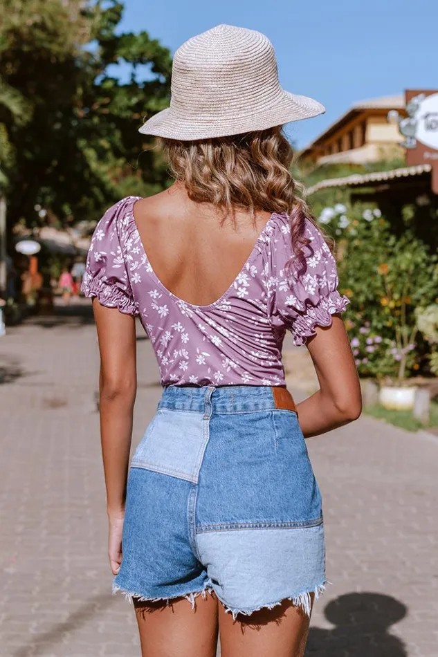 Women Bodysuits Cupshe Kataleya Ditsy Scoop Ruched Short Sleeve Bodysuit Purple