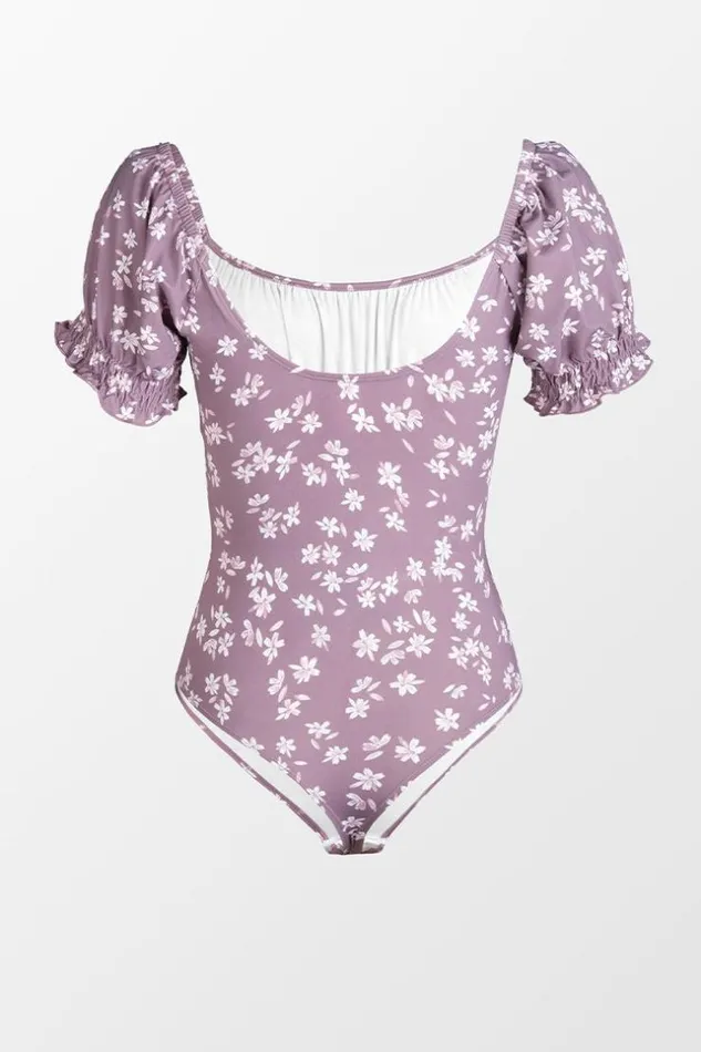 Women Bodysuits Cupshe Kataleya Ditsy Scoop Ruched Short Sleeve Bodysuit Purple