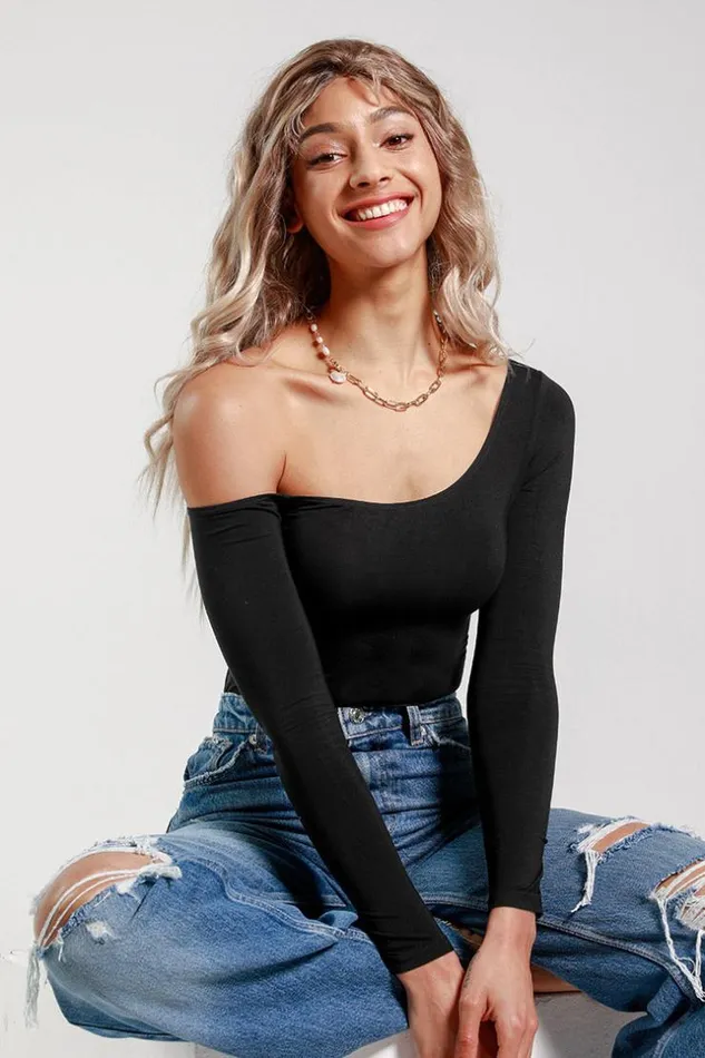 Women Bodysuits Cupshe Keeley Black One Shoulder Long Sleeve Bodysuit Black