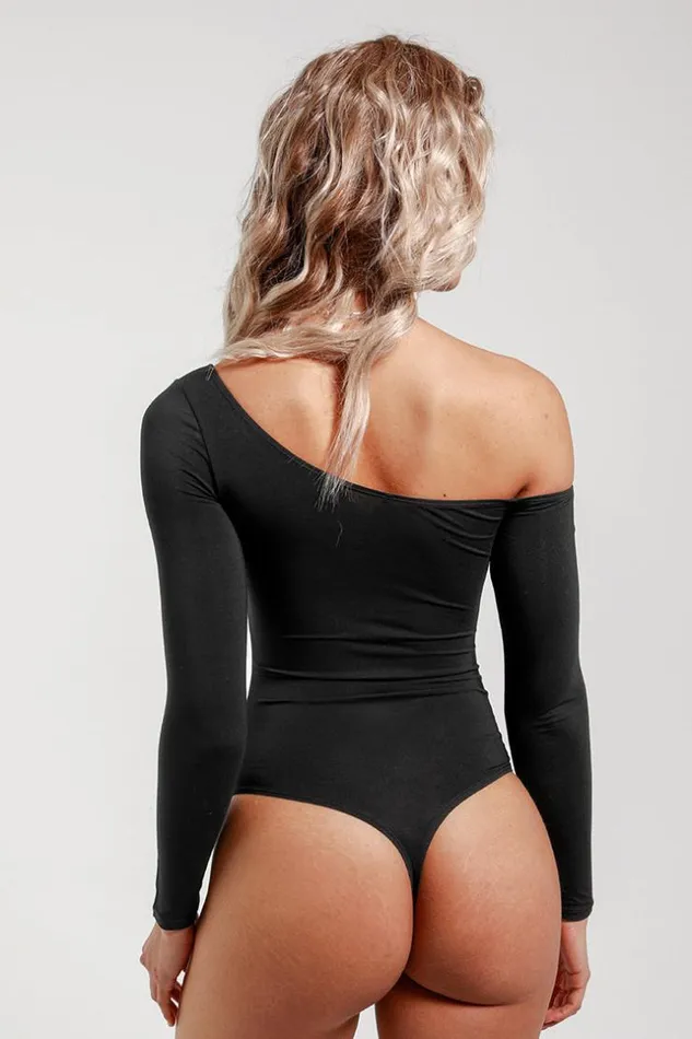 Women Bodysuits Cupshe Keeley Black One Shoulder Long Sleeve Bodysuit Black