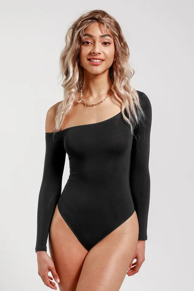Women Bodysuits Cupshe Keeley Black One Shoulder Long Sleeve Bodysuit Black