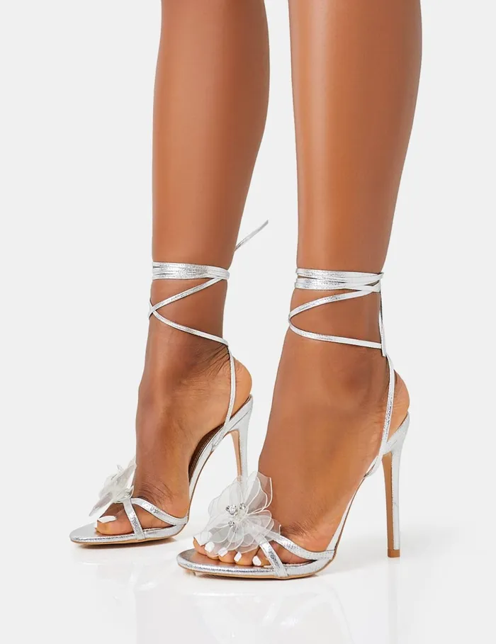 Women Bonny Metallic Silver Pu Flower Detail Lace Up Barley There Rounded Toe Stiletto High Heels Silver Public Desire Party