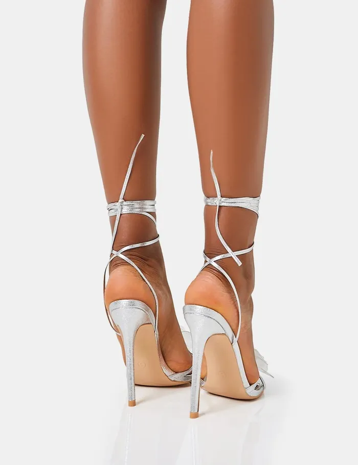 Women Bonny Metallic Silver Pu Flower Detail Lace Up Barley There Rounded Toe Stiletto High Heels Silver Public Desire Party