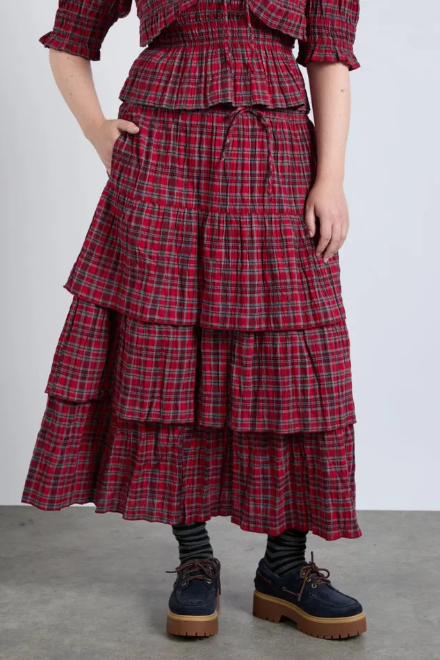 Women Bottoms Damson Madder Malika Ra Ra Midi Skirt 8211 Red Check