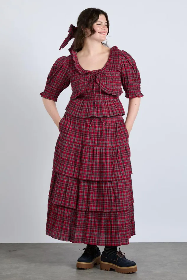 Women Bottoms Damson Madder Malika Ra Ra Midi Skirt 8211 Red Check