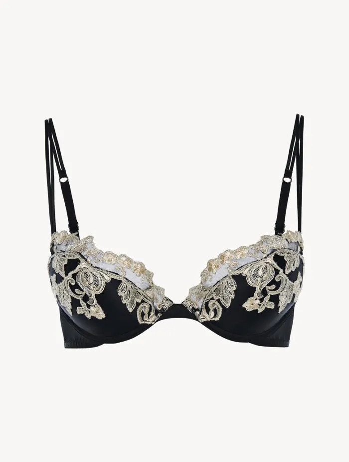Women Bras La Perla Black Silk Pushup Bra With Ivory Frastaglio