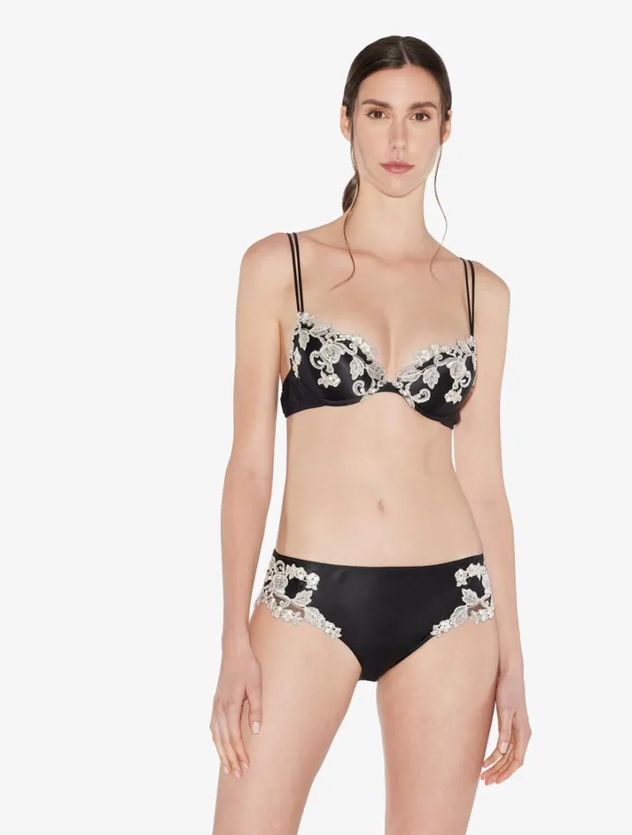 Women Bras La Perla Black Silk Pushup Bra With Ivory Frastaglio