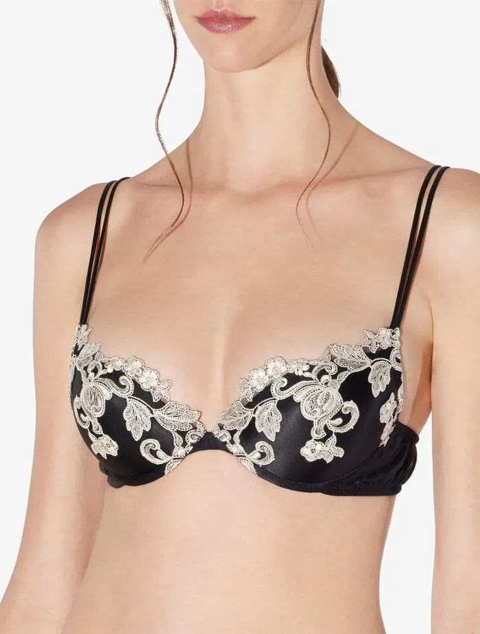 Women Bras La Perla Black Silk Pushup Bra With Ivory Frastaglio
