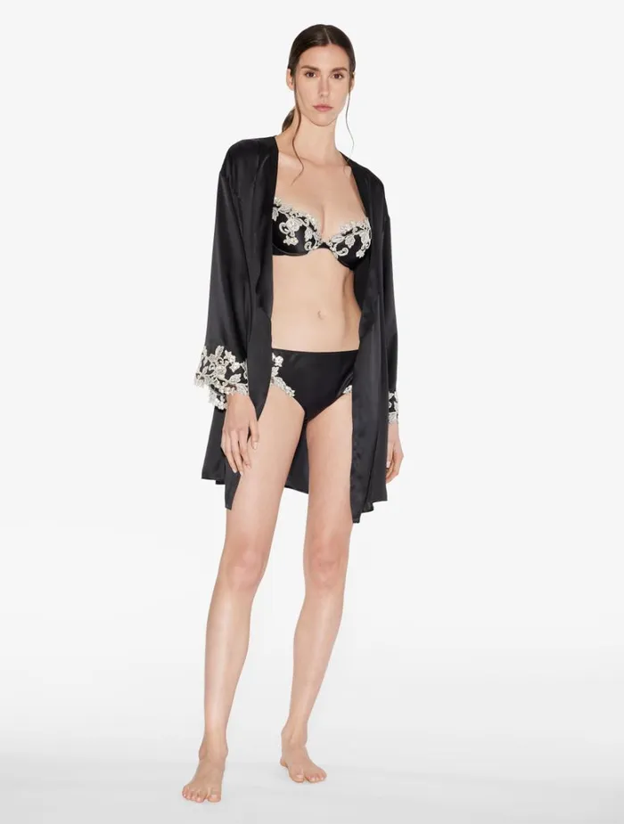 Women Bras La Perla Black Silk Pushup Bra With Ivory Frastaglio