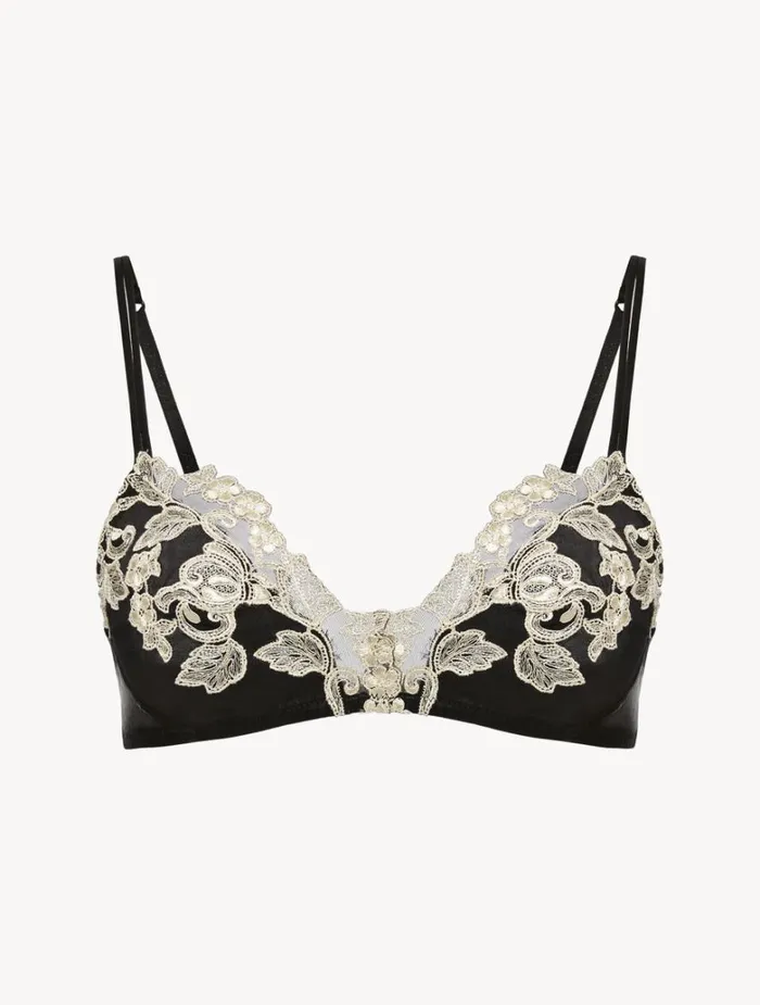 Women Bras La Perla Black Silk Triangle Bra With Ivory Frastaglio